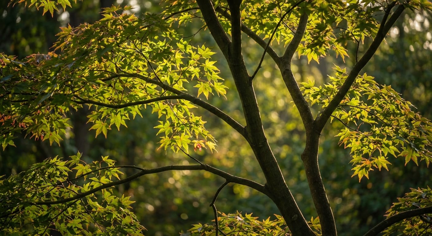 Klon japoński skąpany w ciepłym świetle złotej godziny, z promieniami słońca przenikającymi przez liście.