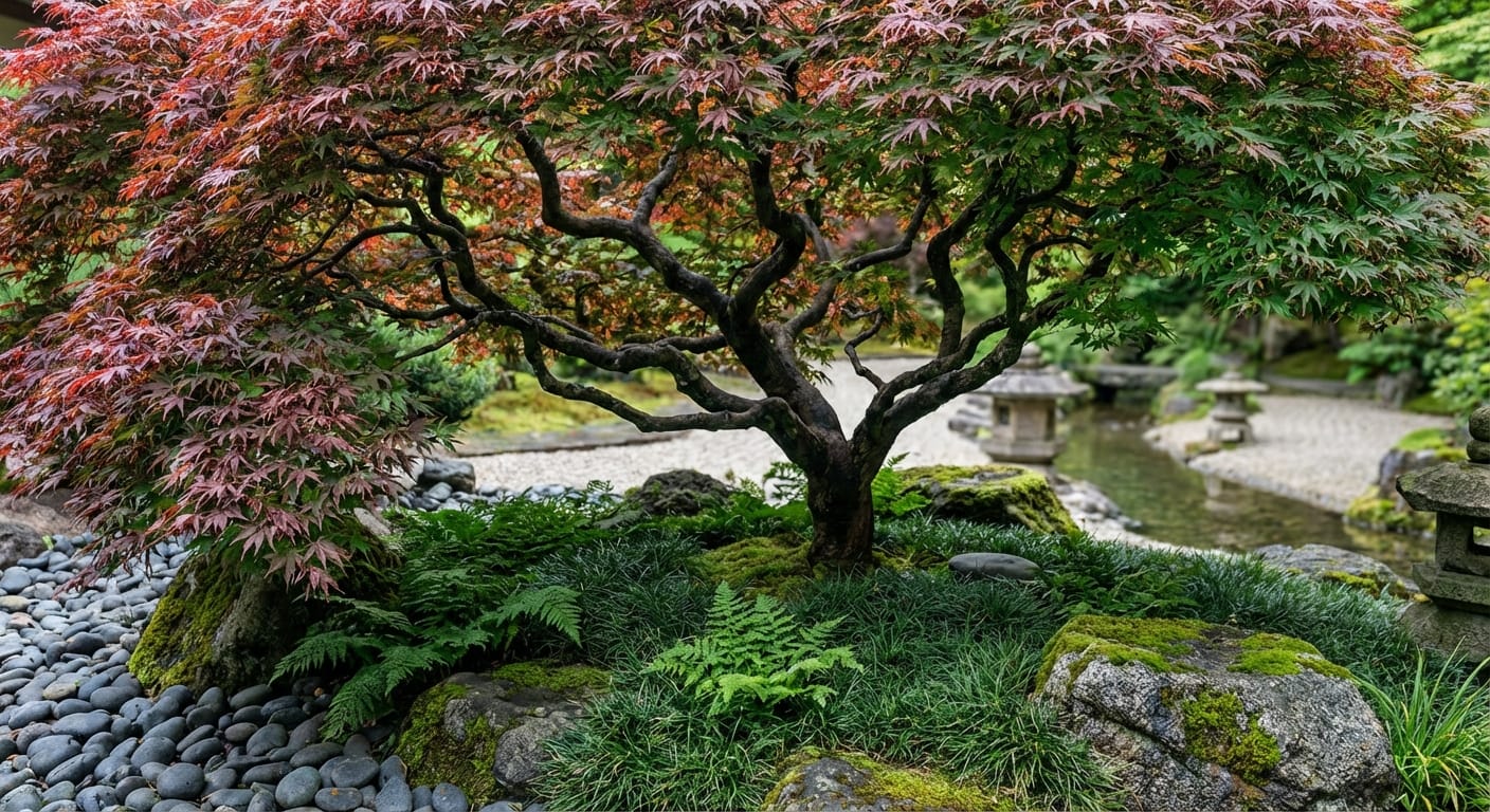 Klon japoński w eleganckim ogrodzie w stylu japońskim, z kamieniami, mchem i niskimi roślinami ozdobnymi, tworzący harmonijną aranżację.